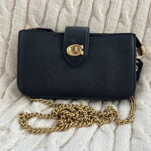 Black COACH Leather Crossbody Wallet with Gold Chain